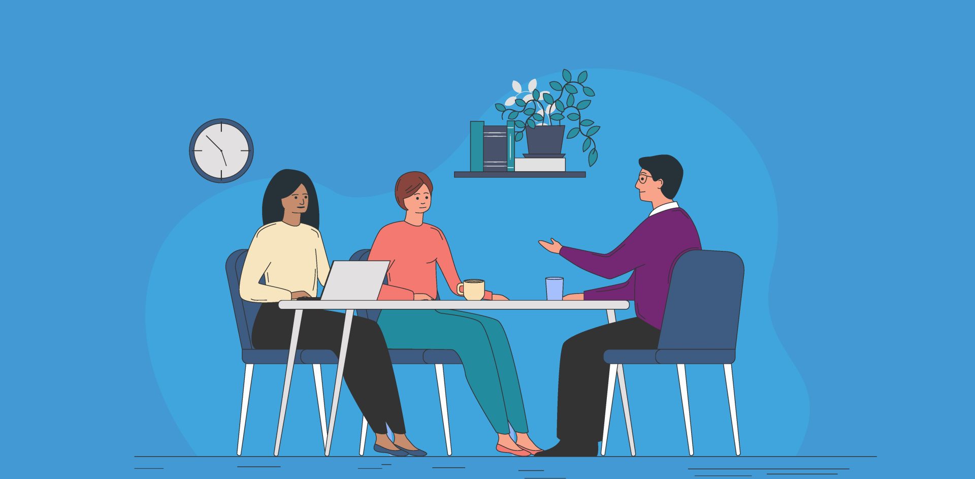 Cartoon showing three people sat around a table talking with mugs of tea in a job interview type scenario, in an office.
