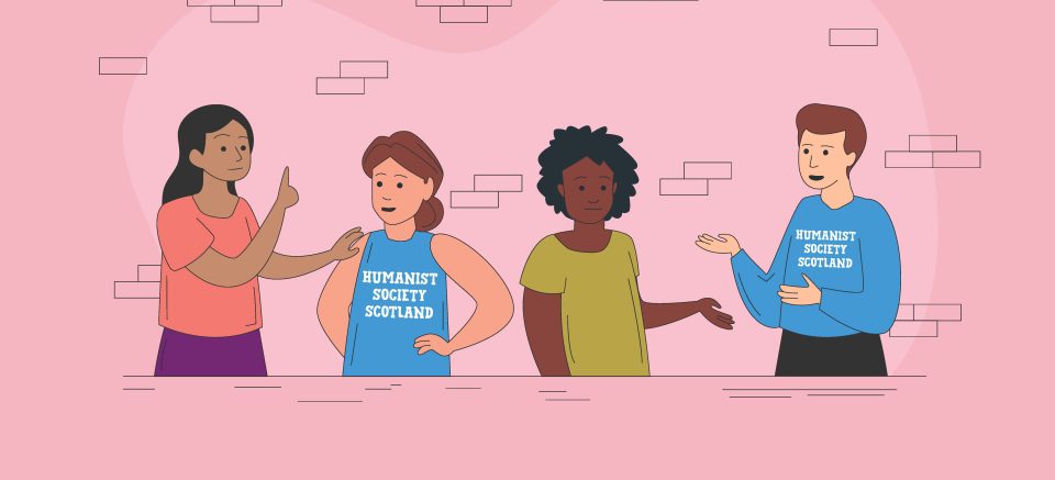 Graphic showing people talking, some in HSS shirts.